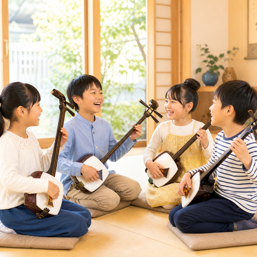 子供たちが三味線を弾く